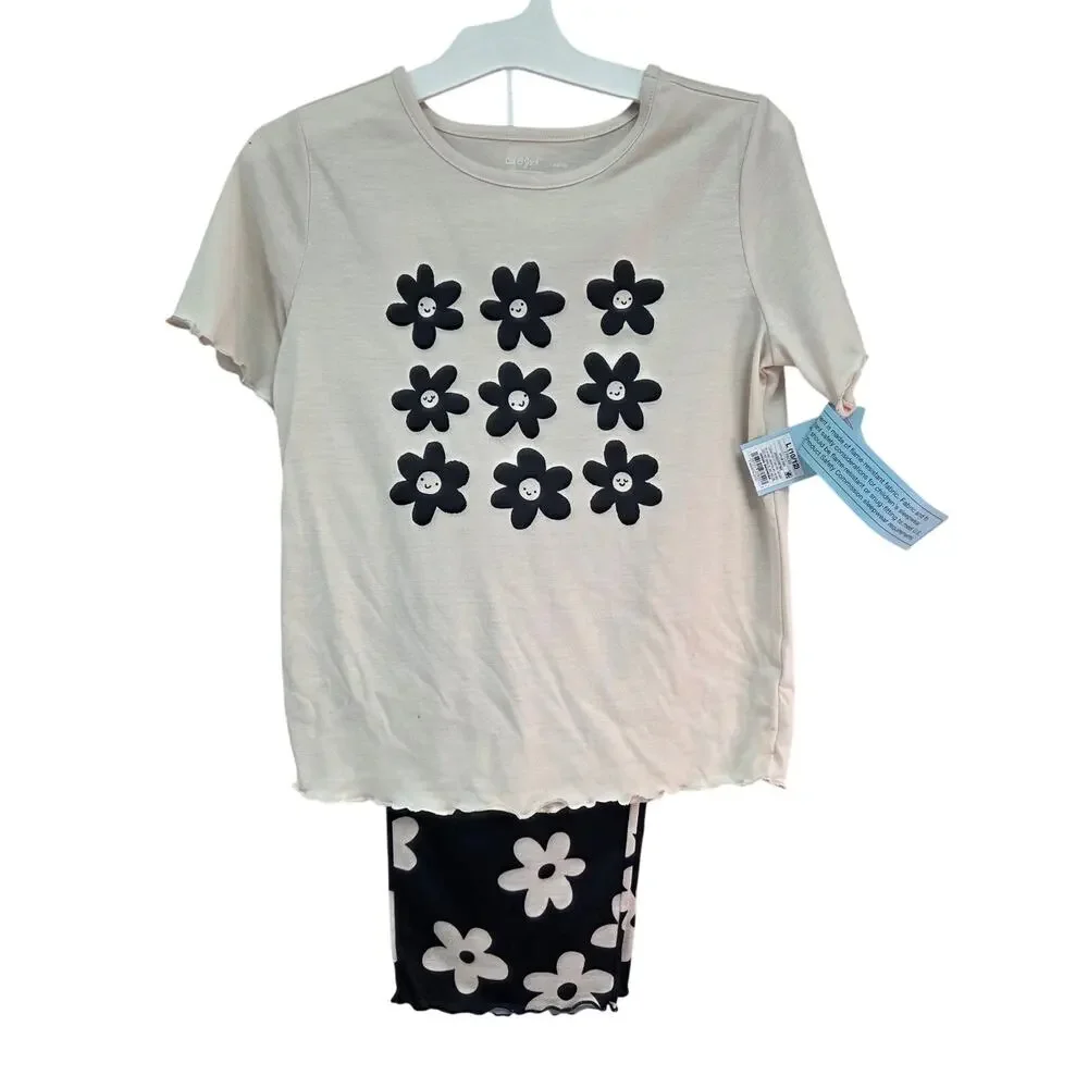 Cat & Jack Girls Daisy 2Pc Pajama Set Black Cream Size L 10/12 NWT